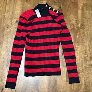 Express Black and Red Striped Sweater with Gold Buttons